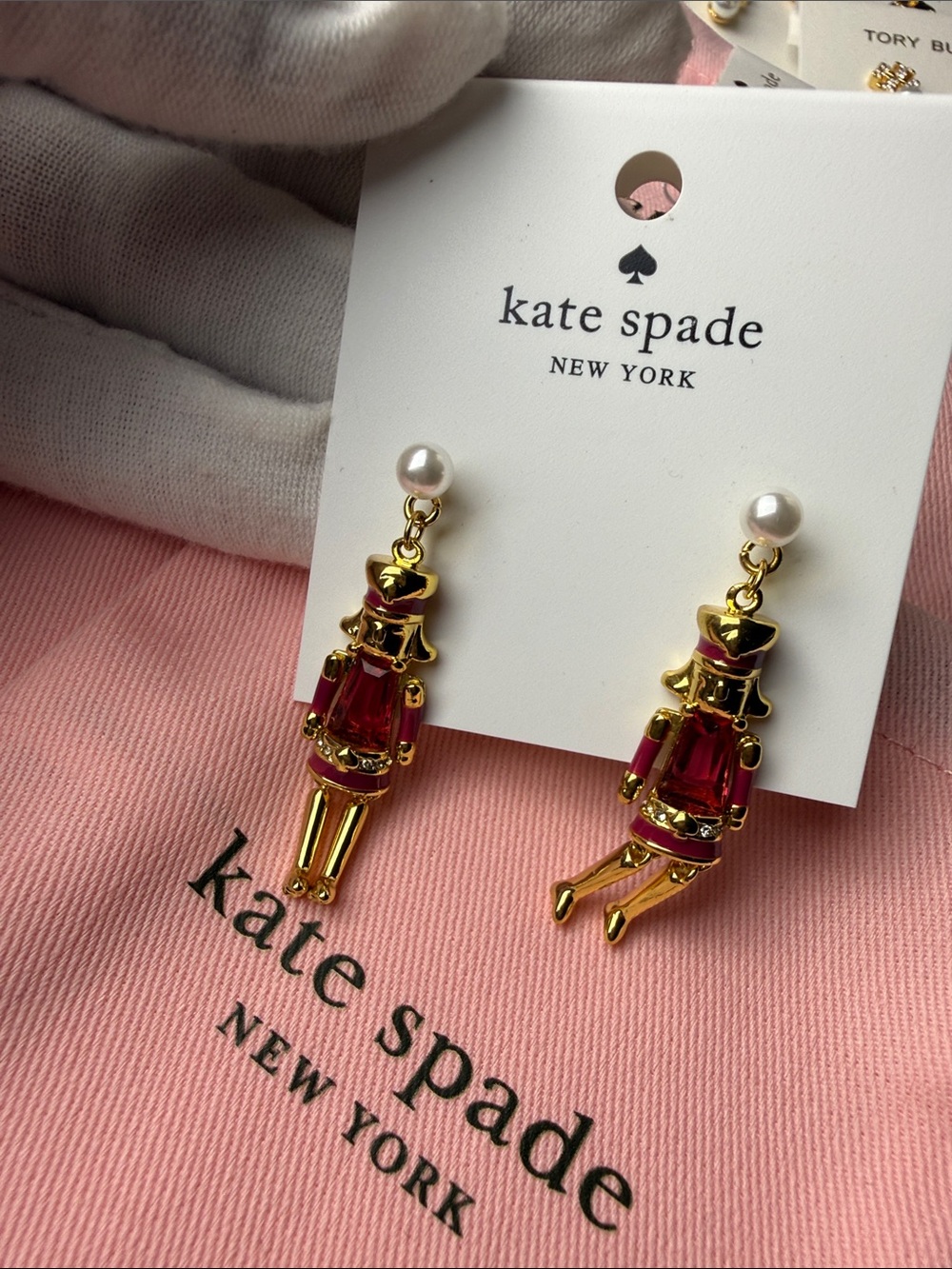 kate spade Pink and Gold Nutcracker Drop Earrings with Pearl Posts - Picture 3 of 3